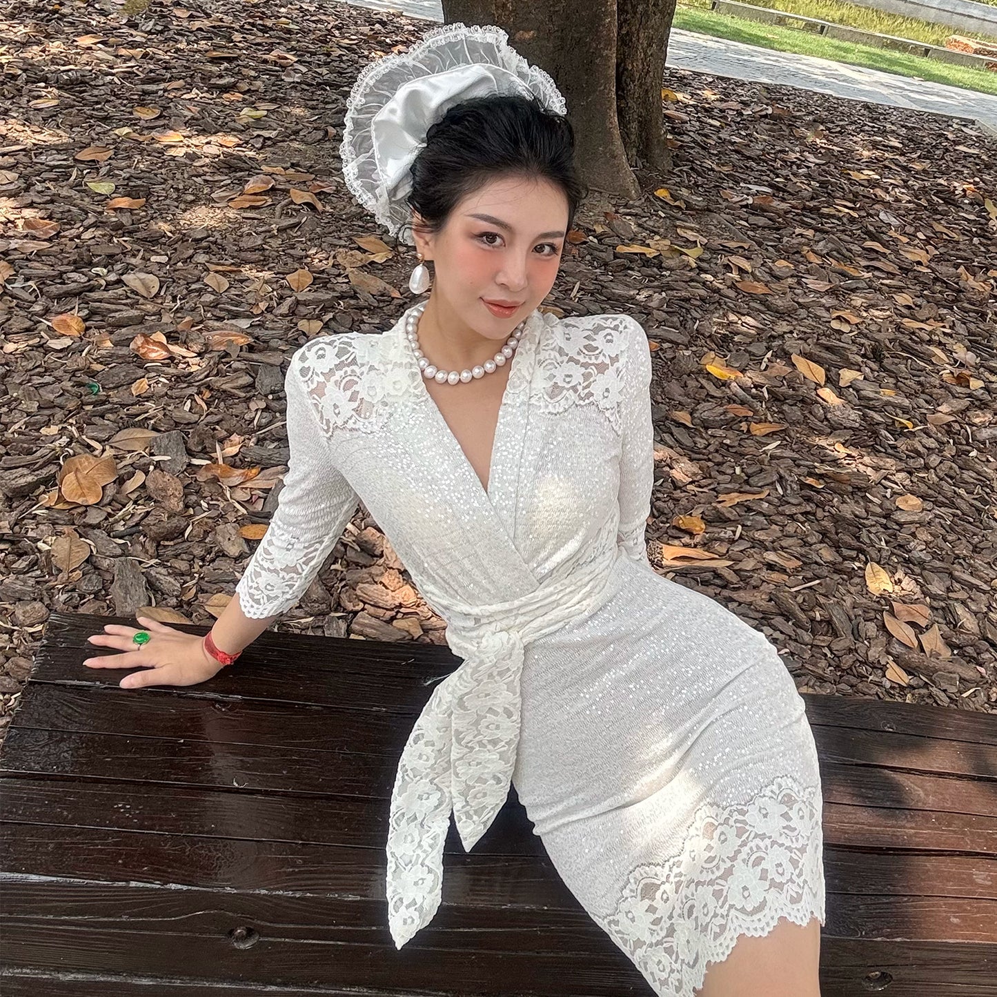 Can stand upright Kong-lylofficial Garden Lace Wrap Dress Elegant High-End Sexy Pure Desire Slimming Women