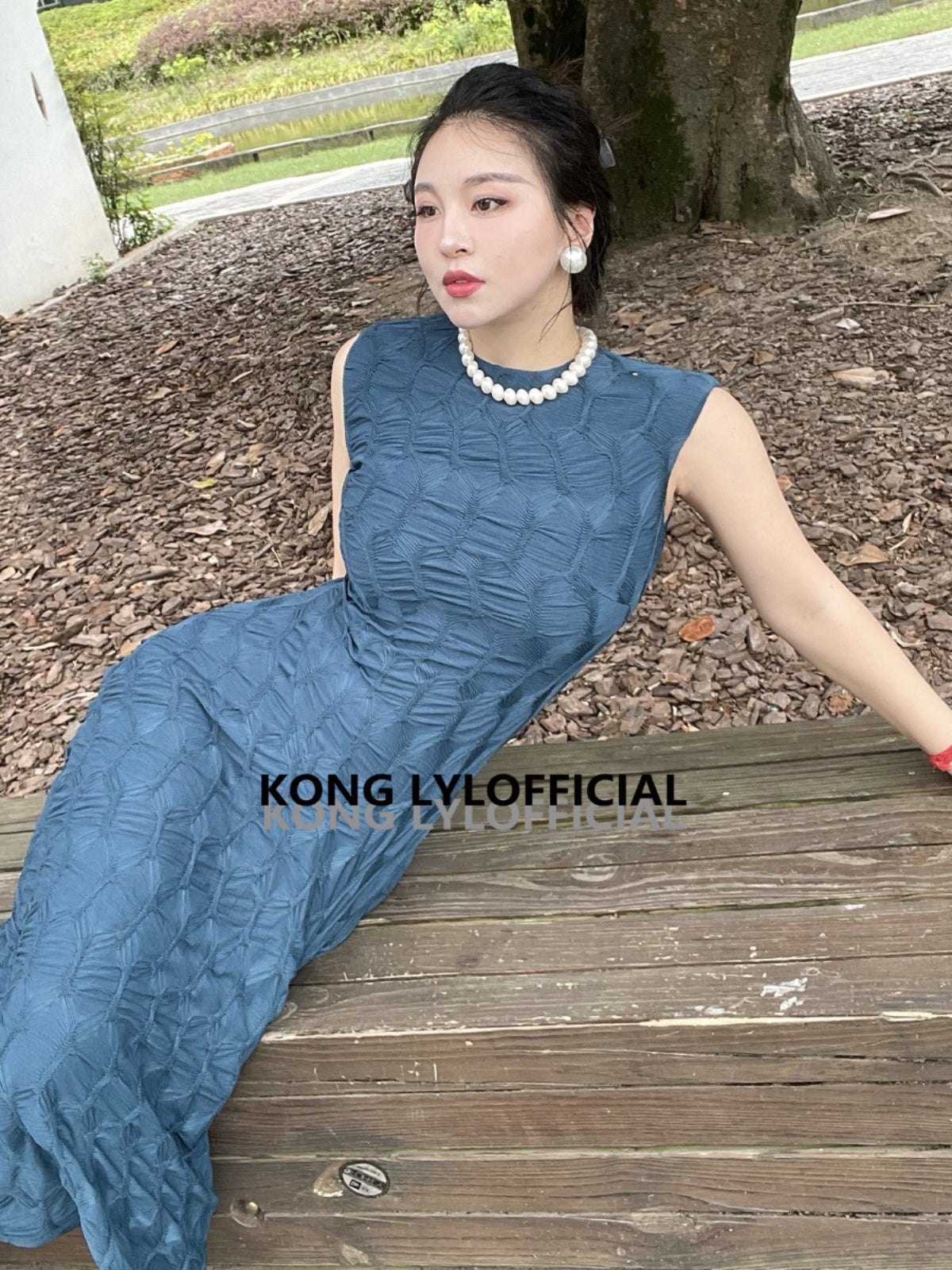 Can stand upright Kong-lylofficial Designer Brand Peacock Blue Three-Dimensional Embroidered Dress Sexy Waist-Cinching