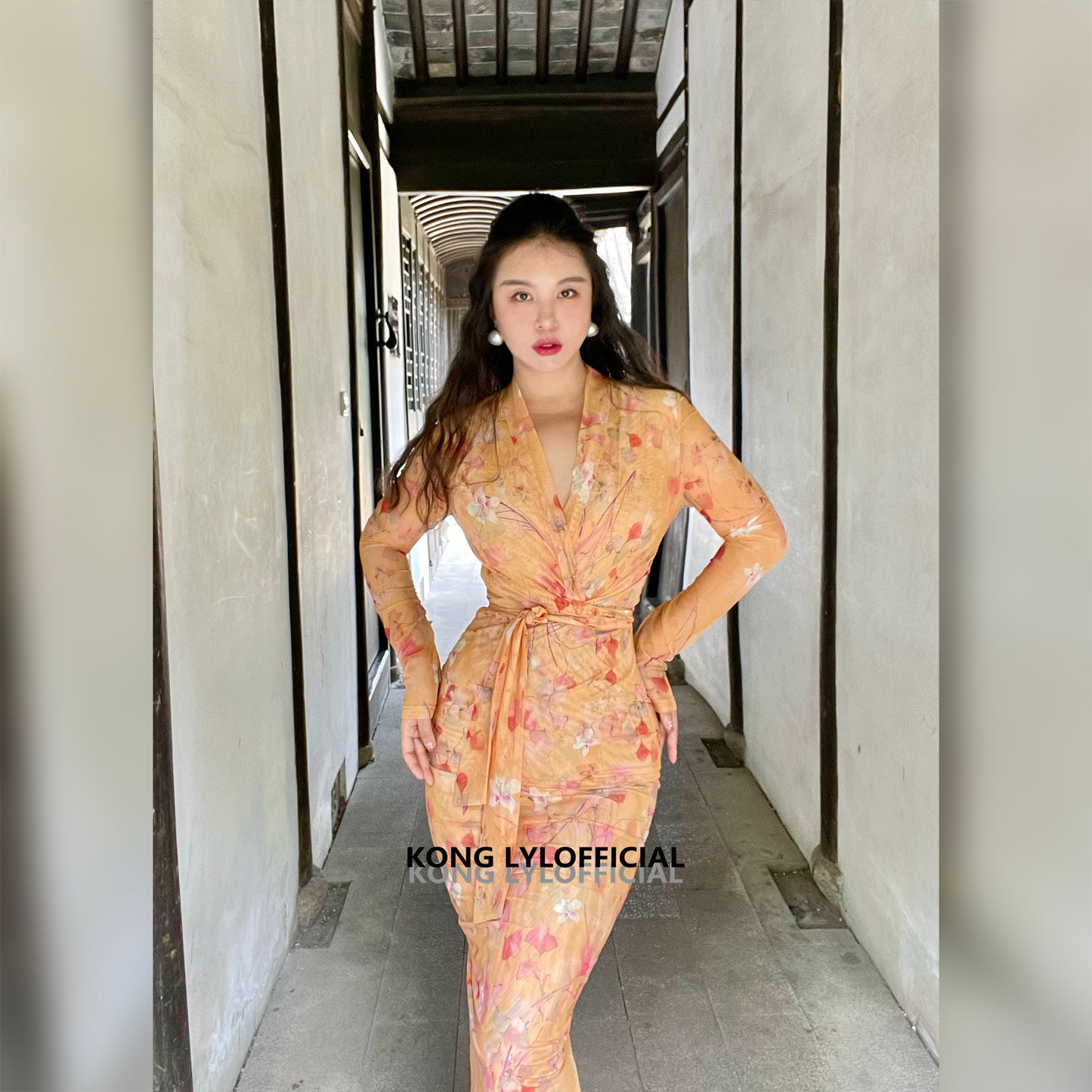 Keli Kong-lylofficial Designer Brand Amber Ginkgo Mesh Slim Dress Elegant Slim Looking Female