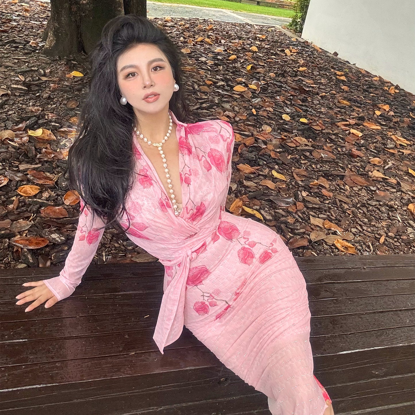 Can stand upright Kong-lylofficial Exquisite Peach Blossom Mesh Sparkling Diamond Bodycon Dress Elegant High-end Feel Brightening