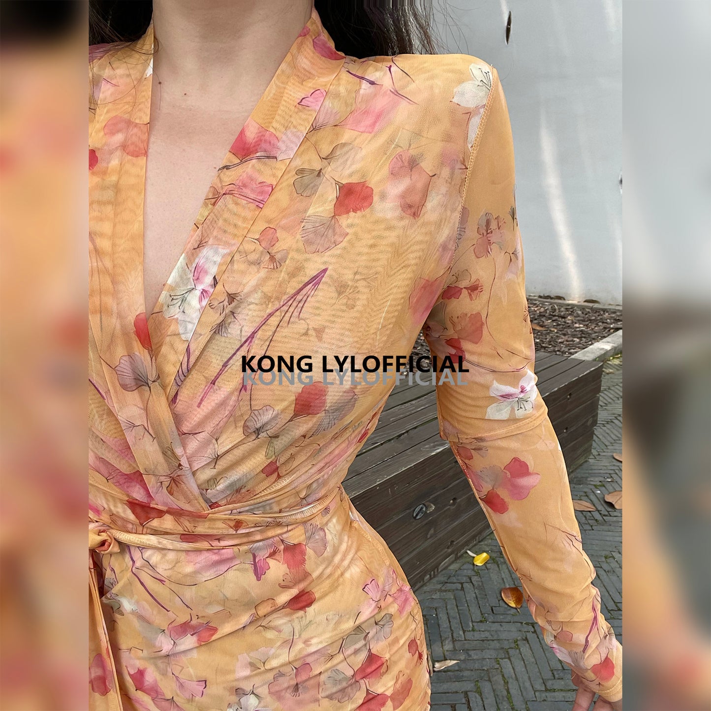 Keli Kong-lylofficial Designer Brand Amber Ginkgo Mesh Slim Dress Elegant Slim Looking Female