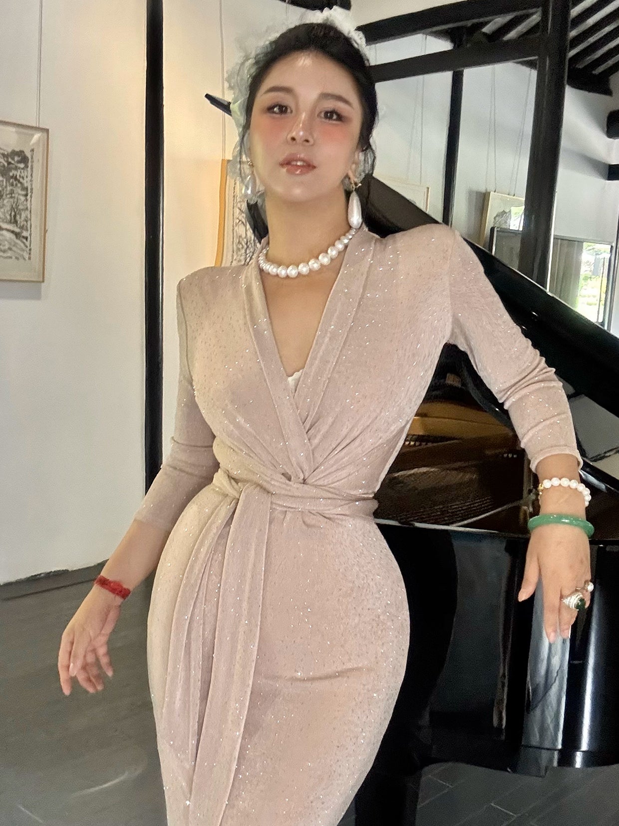 Can stand upright Kong-lylofficial Coral Pink Rhinestone Wrapped Dress Elegant High-End Sexy Slimming Women