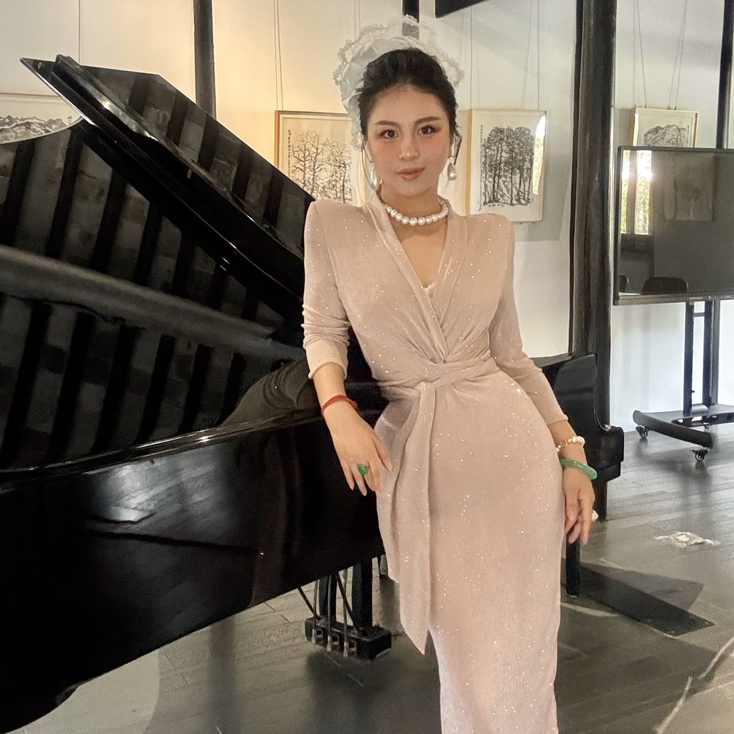 Can stand upright Kong-lylofficial Coral Pink Rhinestone Wrapped Dress Elegant High-End Sexy Slimming Women