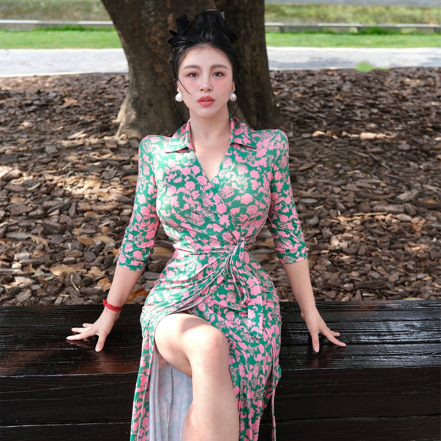 Can stand upright Kong-lylofficial Lily of the Valley Long Slim Wrap Dress Tight Bodycon Dress Slimming