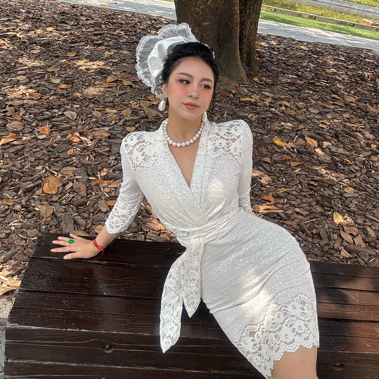 Can stand upright Kong-lylofficial Garden Lace Wrap Dress Elegant High-End Sexy Pure Desire Slimming Women