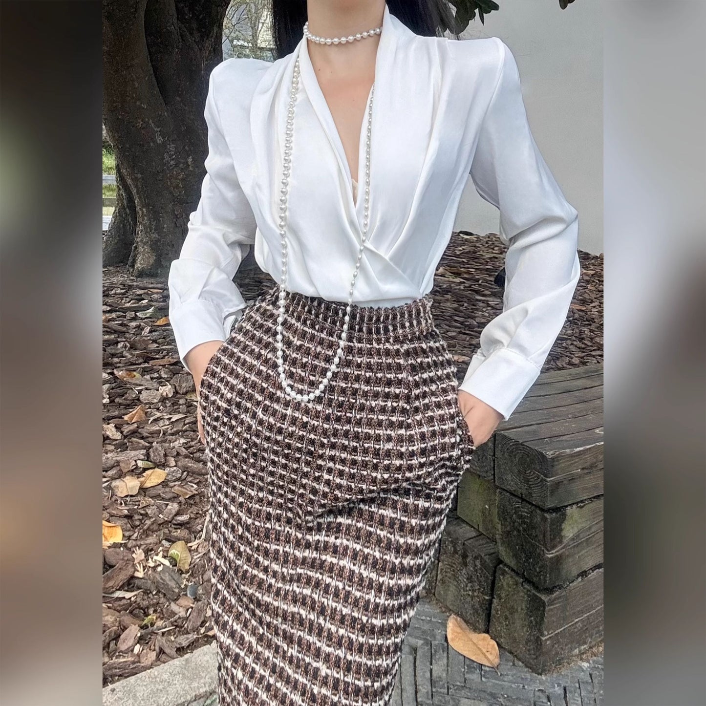 Can stand upright Kong-lylofficial Little Chanel Style Woolen Autumn Winter Slimming Mid-Length Slit Bodycon Skirt