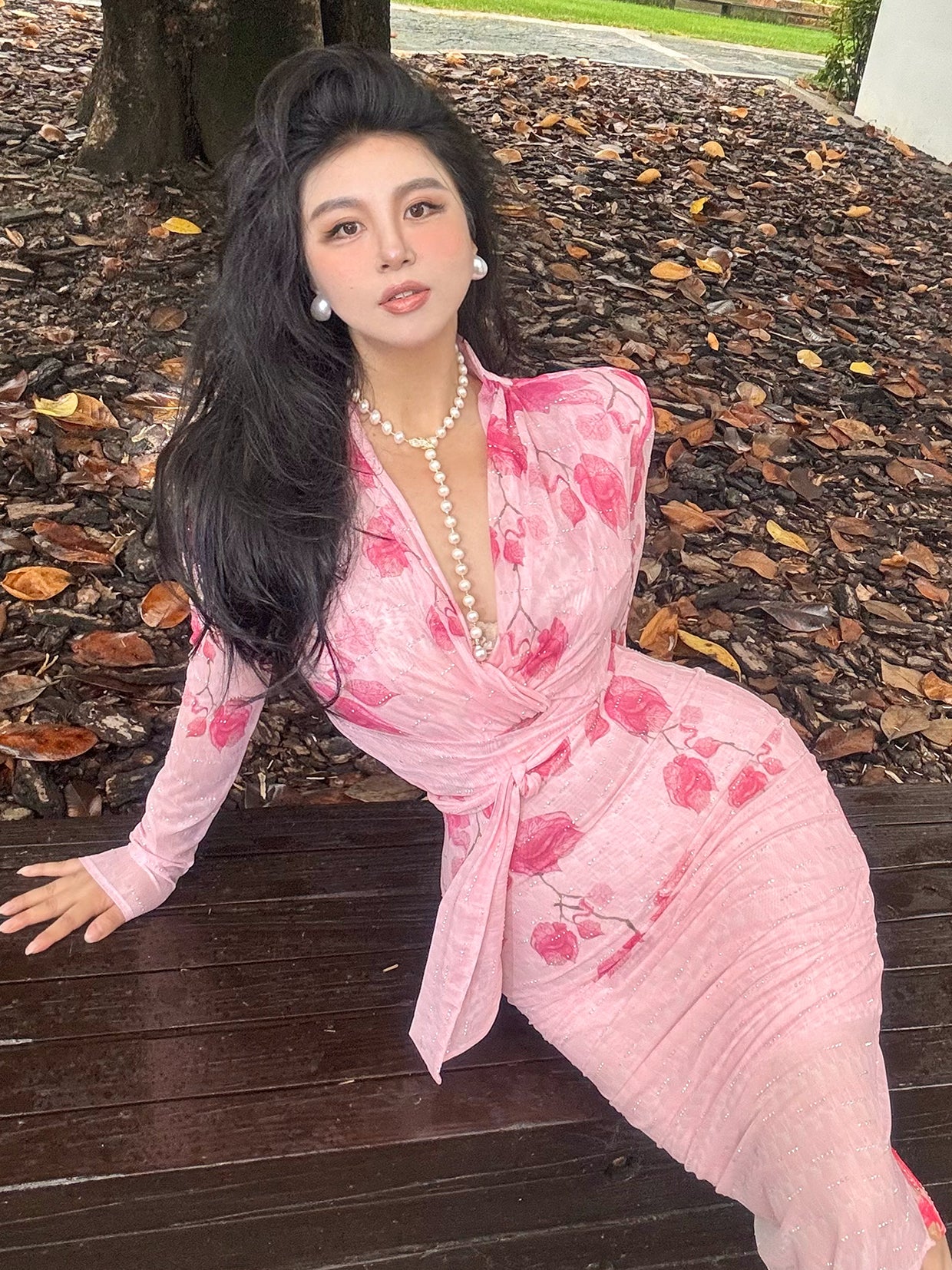 Can stand upright Kong-lylofficial Exquisite Peach Blossom Mesh Sparkling Diamond Bodycon Dress Elegant High-end Feel Brightening