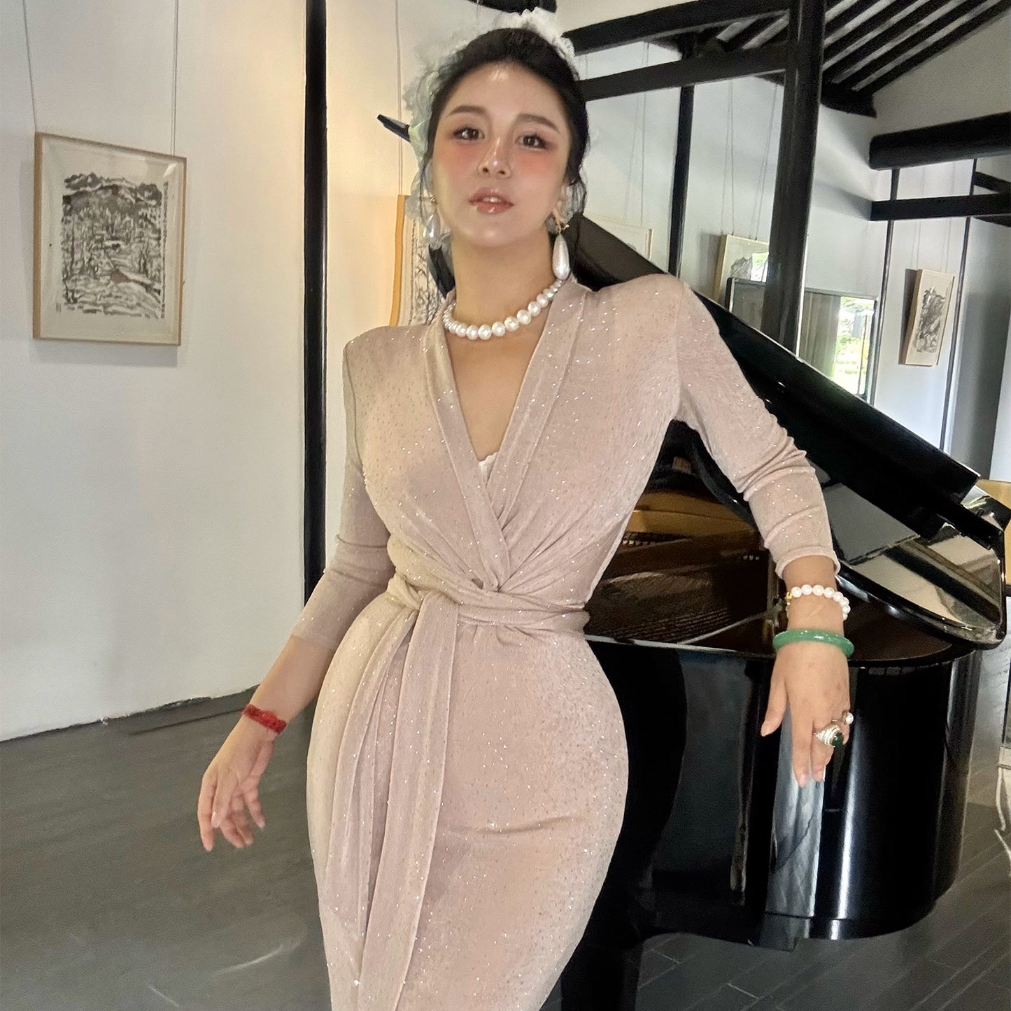 Can stand upright Kong-lylofficial Coral Pink Rhinestone Wrapped Dress Elegant High-End Sexy Slimming Women