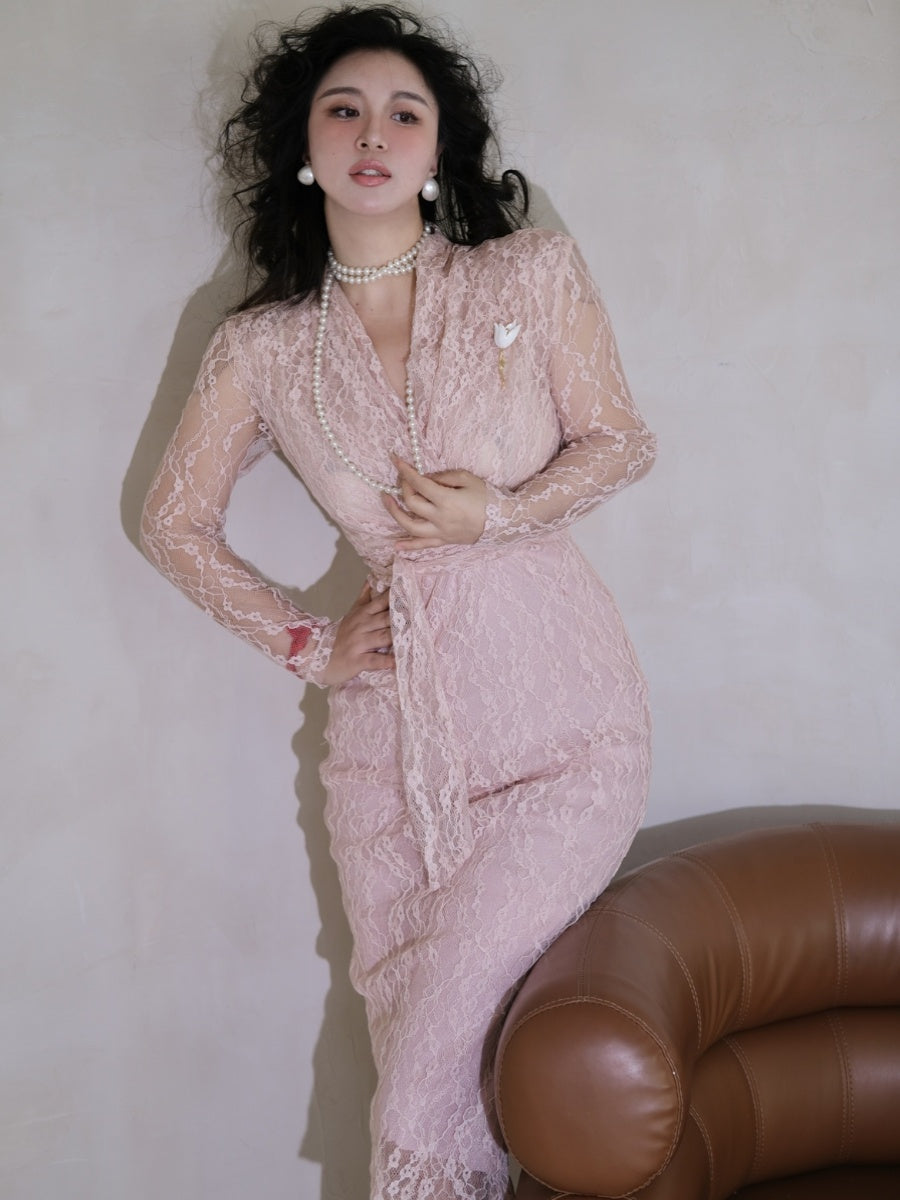 Keli Kong-lylofficial Milk Jade Pink Coral Lace Slim Dress Elegant Fancy Female Flavor