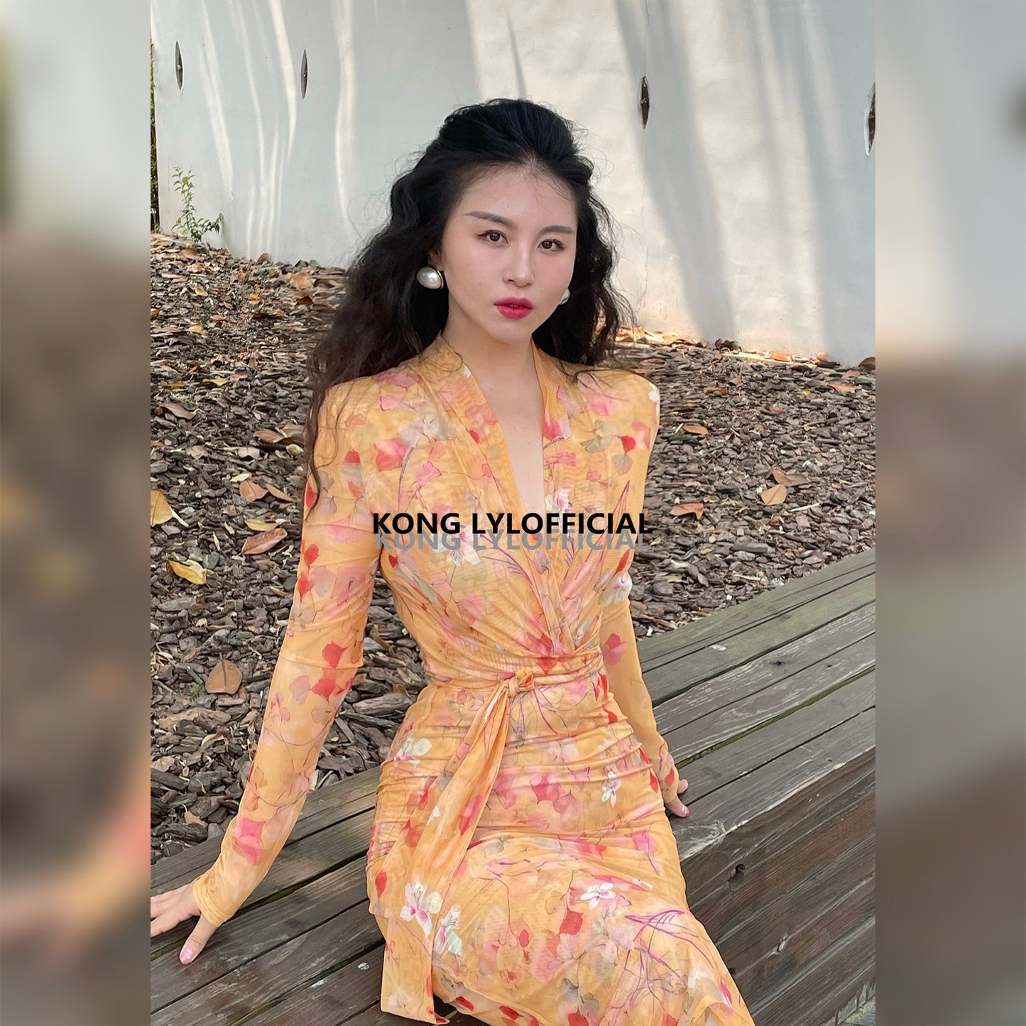 Keli Kong-lylofficial Designer Brand Amber Ginkgo Mesh Slim Dress Elegant Slim Looking Female