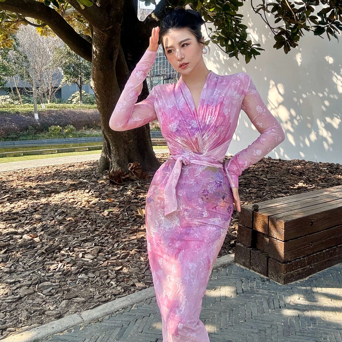 Can stand upright Kong-lylofficial Gold Powder Peony Nano Sheer Printed Wrap Dress Sexy Feminine