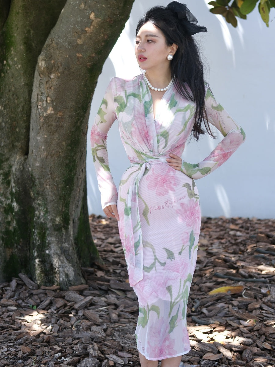 Keli Kong-lylofficial Summer Peony Mesh Slim Dress Classy Elegant Slim Looking Pure