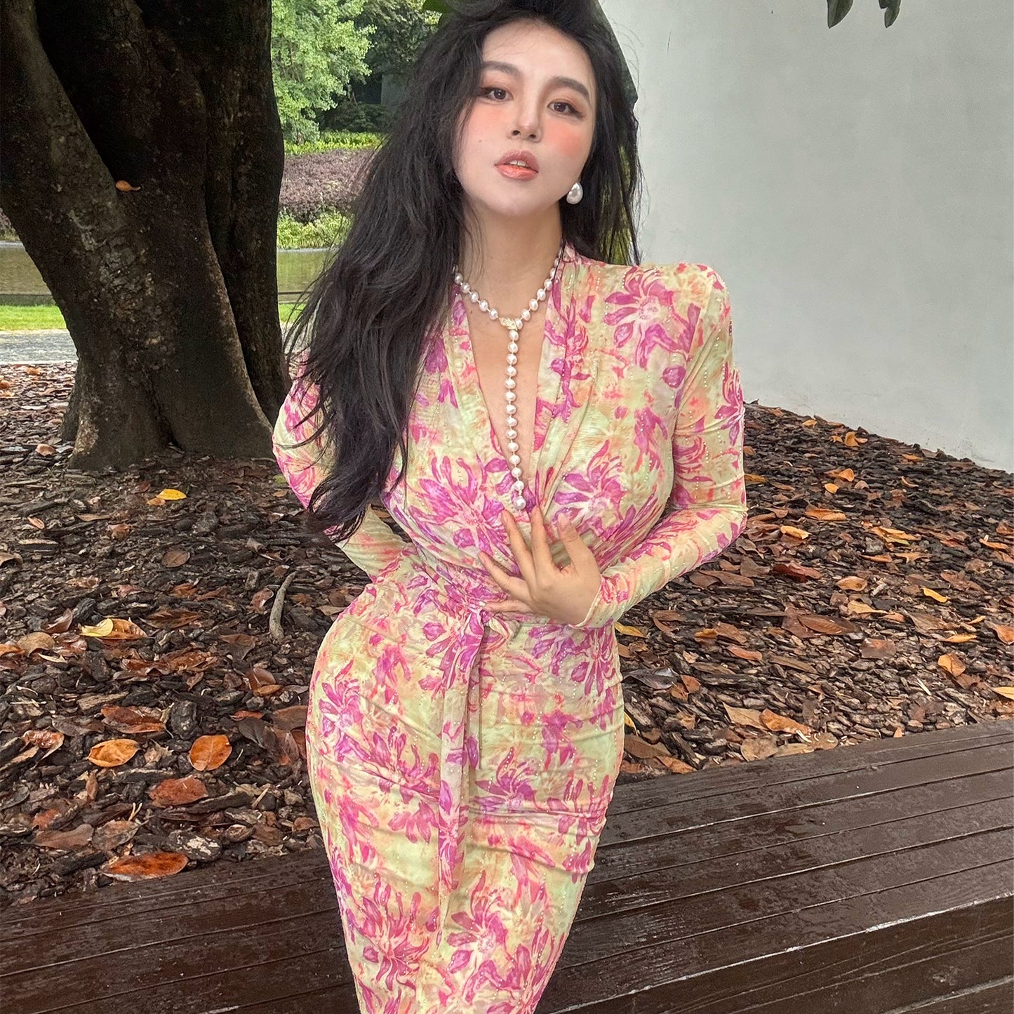 Can stand upright Kong-lylofficial Golden Phoenix Flower Mesh Sparkling Diamond Bodycon Dress Elegant High-end Feel Brightening Slimming