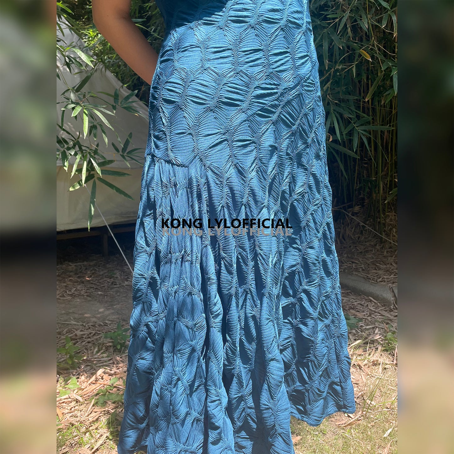 Can stand upright Kong-lylofficial Designer Brand Peacock Blue Three-Dimensional Embroidered Dress Sexy Waist-Cinching
