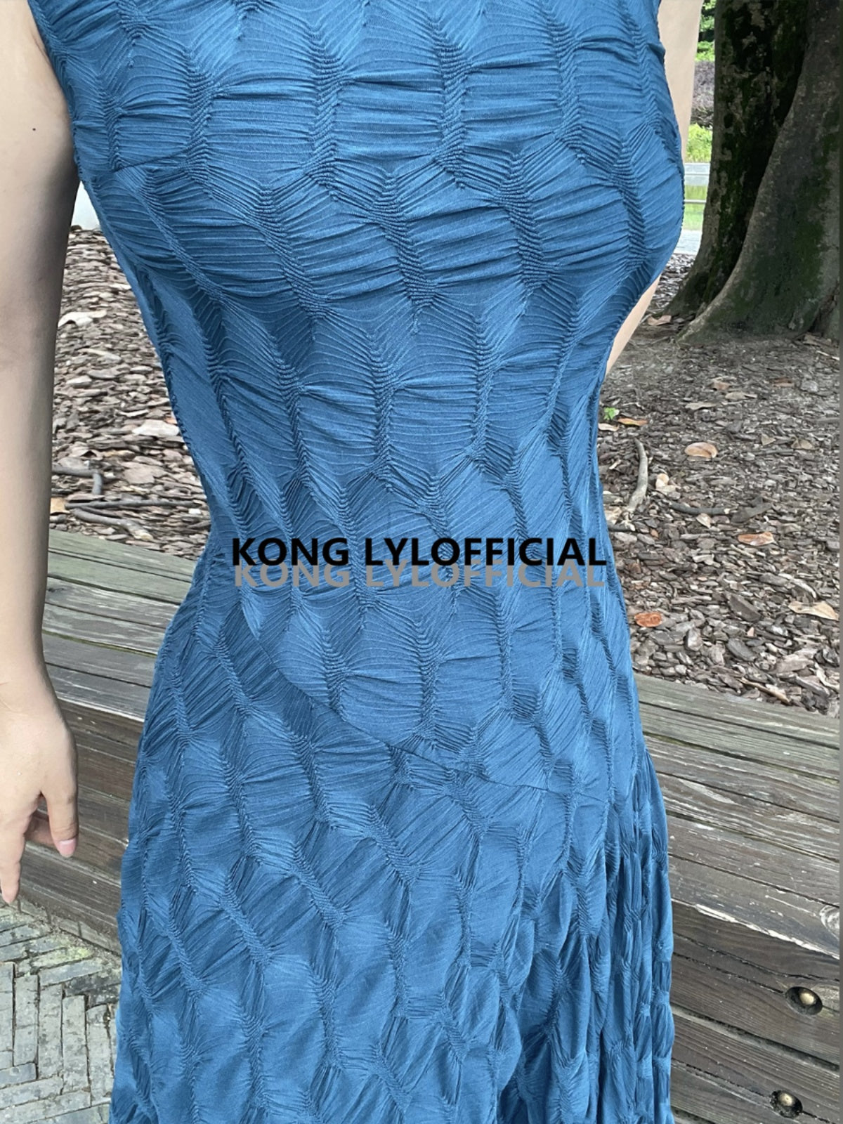 Can stand upright Kong-lylofficial Designer Brand Peacock Blue Three-Dimensional Embroidered Dress Sexy Waist-Cinching