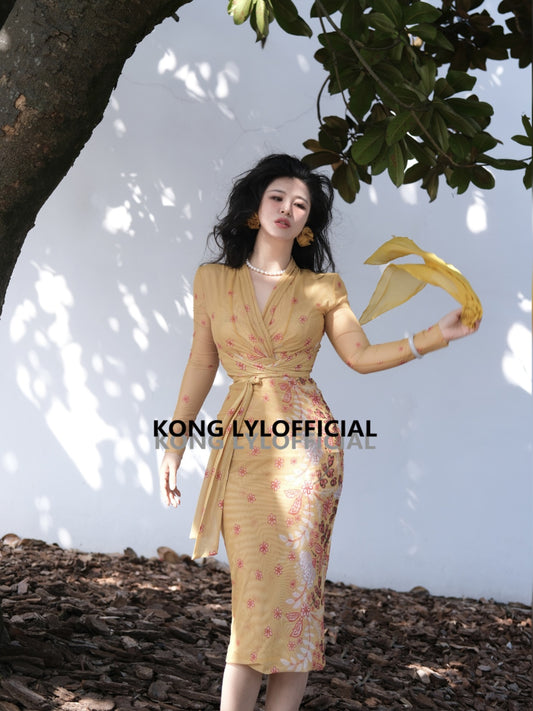 Keli Kong-lylofficial Golden Pear Flower Female Flavor Slim Dress Classy Elegant Slim Looking