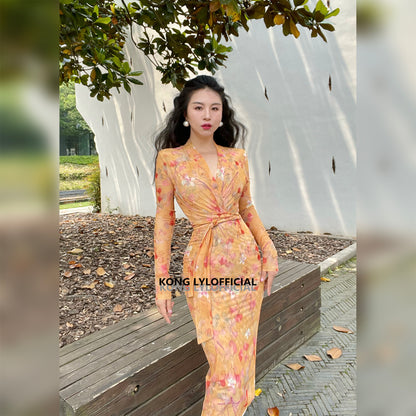 Keli Kong-lylofficial Designer Brand Amber Ginkgo Mesh Slim Dress Elegant Slim Looking Female