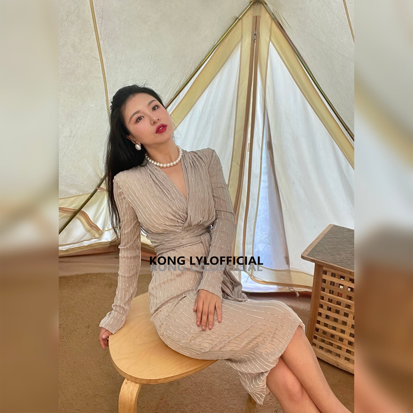 Koli Kong-Lylofficial Designer Brand Cream Gray Gold Wrap Dress High end Sexy Feminine