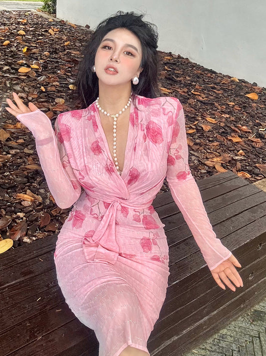 Can stand upright Kong-lylofficial Exquisite Peach Blossom Mesh Sparkling Diamond Bodycon Dress Elegant High-end Feel Brightening
