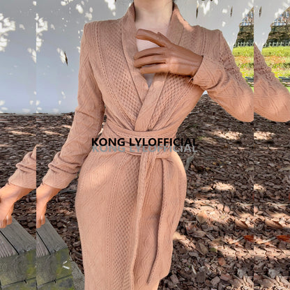 Keli Kong-lylofficial Designer Brand Sinomax Cable Stitch Wool Slim Dress Elegant Old Money Style