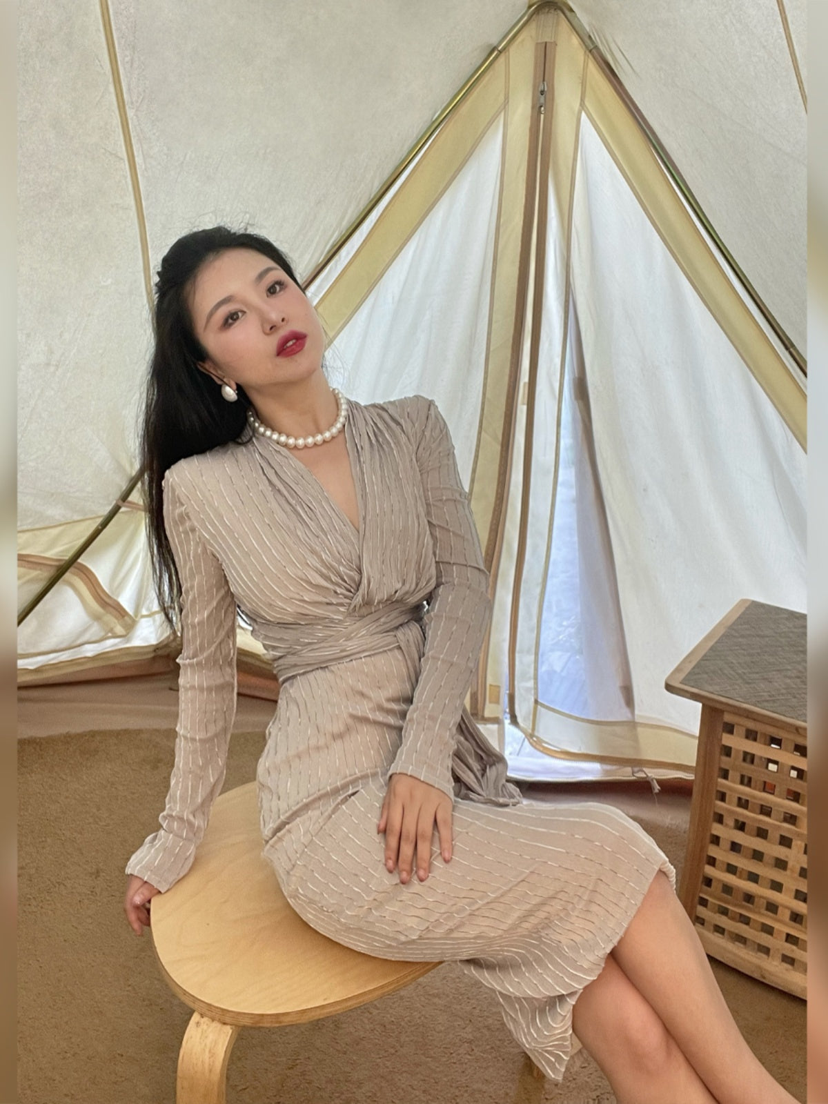 Koli Kong-Lylofficial Designer Brand Cream Gray Gold Wrap Dress High end Sexy Feminine