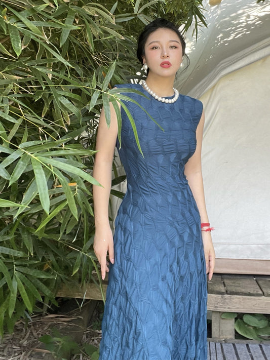 Can stand upright Kong-lylofficial Designer Brand Peacock Blue Three-Dimensional Embroidered Dress Sexy Waist-Cinching