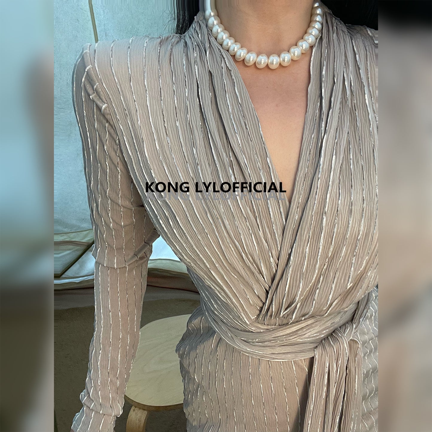 Koli Kong-Lylofficial Designer Brand Cream Gray Gold Wrap Dress High end Sexy Feminine