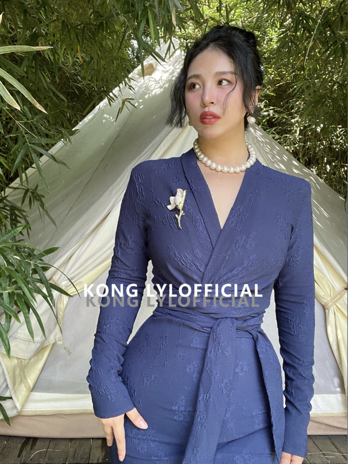 Keli Kong-lylofficial Designer Brand Blue Relief Embroider Slim Dress High-End Temperament Female