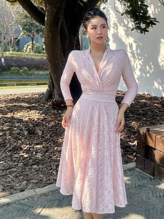 Can stand upright Kong-lylofficial Cream Pink Embossed Embroidery Waist-Cinching Dress Slimming Elegant High-End Feel