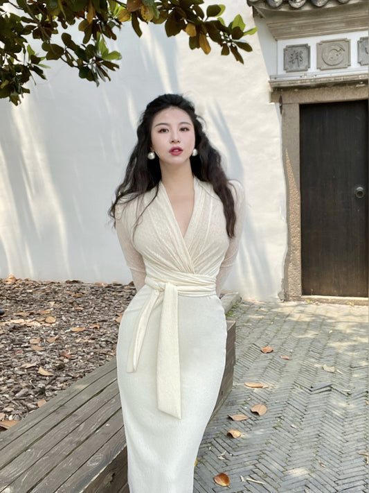 Keli Kong-Lylofficial White Jade Velvet Mesh Slim Dress Pure Age Reducing Fancy