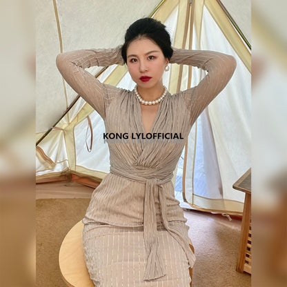 Koli Kong-Lylofficial Designer Brand Cream Gray Gold Wrap Dress High end Sexy Feminine