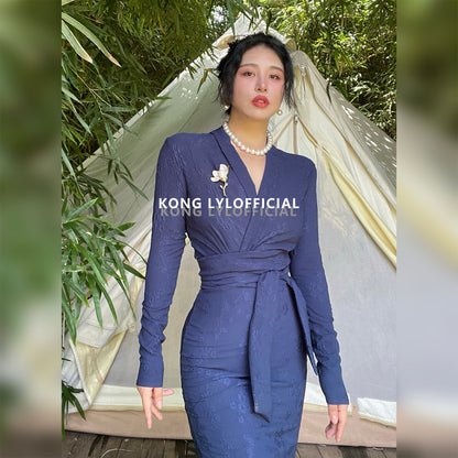 Keli Kong-lylofficial Designer Brand Blue Relief Embroider Slim Dress High-End Temperament Female