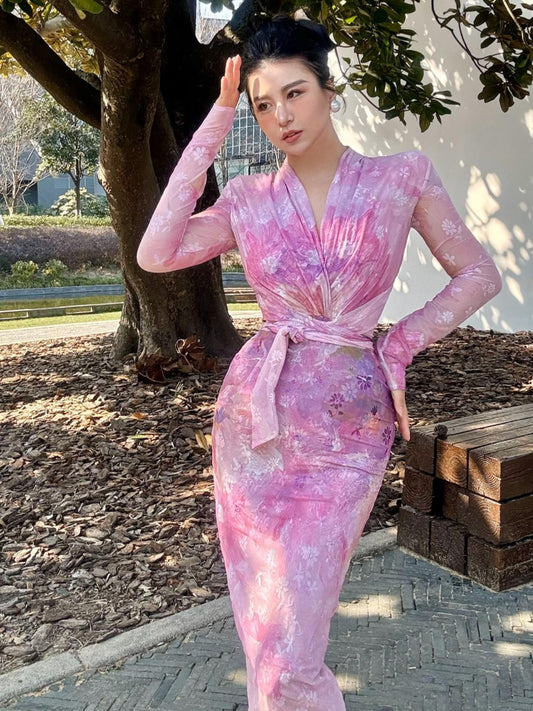 Can stand upright Kong-lylofficial Gold Powder Peony Nano Sheer Printed Wrap Dress Sexy Feminine