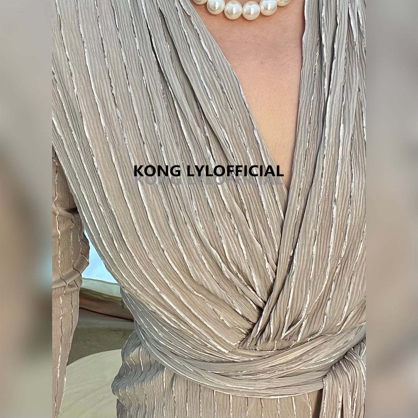 Koli Kong-Lylofficial Designer Brand Cream Gray Gold Wrap Dress High end Sexy Feminine