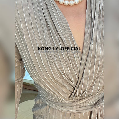 Koli Kong-Lylofficial Designer Brand Cream Gray Gold Wrap Dress High end Sexy Feminine
