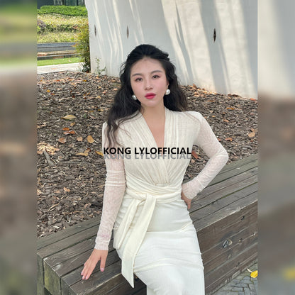 Keli Kong-Lylofficial White Jade Velvet Mesh Slim Dress Pure Age Reducing Fancy
