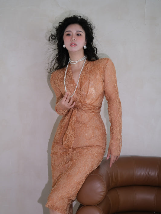 Keli Kong-Lylofficia Prosperous Lace Sequin Rhinestone Slim Dress Elegant Classy Woman