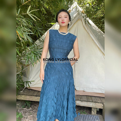 Can stand upright Kong-lylofficial Designer Brand Peacock Blue Three-Dimensional Embroidered Dress Sexy Waist-Cinching