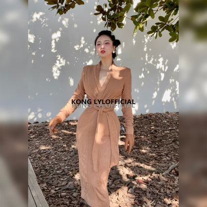Keli Kong-lylofficial Designer Brand Sinomax Cable Stitch Wool Slim Dress Elegant Old Money Style