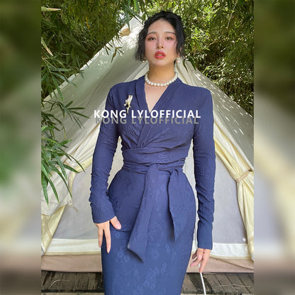 Keli Kong-lylofficial Designer Brand Blue Relief Embroider Slim Dress High-End Temperament Female