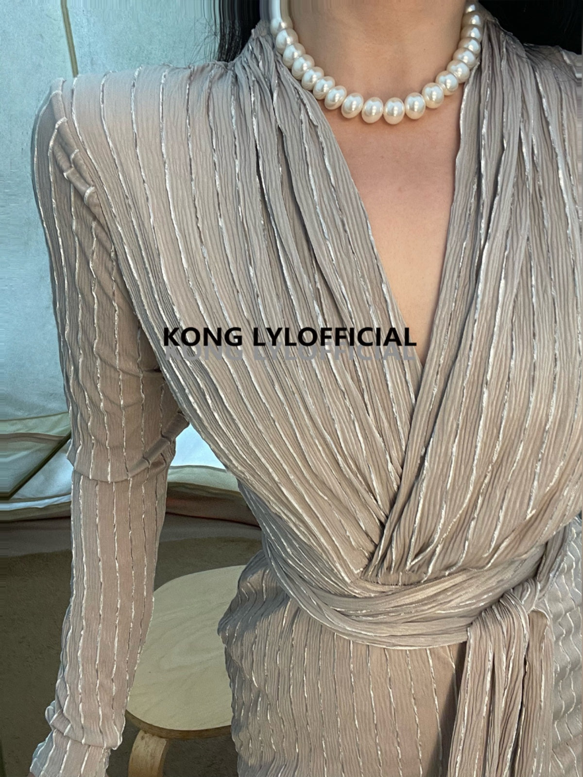 Koli Kong-Lylofficial Designer Brand Cream Gray Gold Wrap Dress High end Sexy Feminine