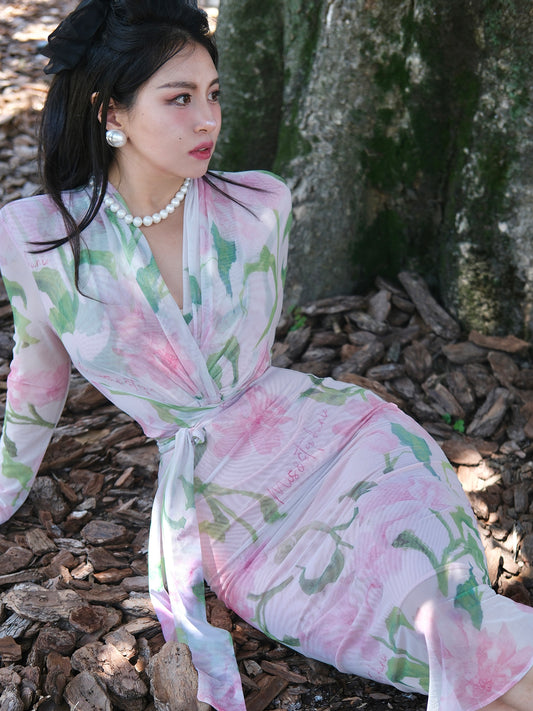 Keli Kong-lylofficial Summer Peony Mesh Slim Dress Classy Elegant Slim Looking Pure