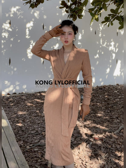 Keli Kong-lylofficial Designer Brand Sinomax Cable Stitch Wool Slim Dress Elegant Old Money Style