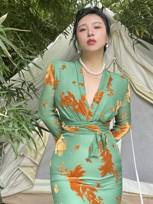 Keli Kong-Lylofficial High-End Temperament Feminine Delonix Regia Embroider Mulberry Silk Slim Dress