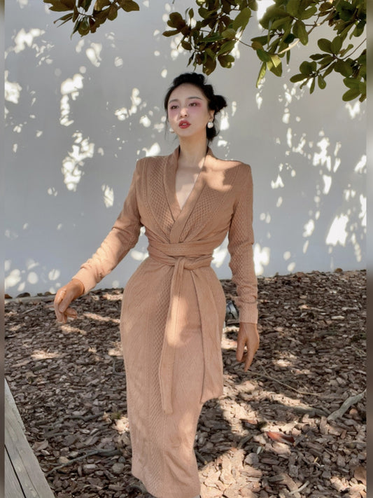 Keli Kong-lylofficial Designer Brand Sinomax Cable Stitch Wool Slim Dress Elegant Old Money Style