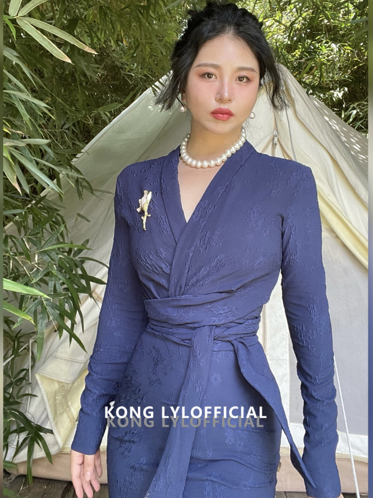 Keli Kong-lylofficial Designer Brand Blue Relief Embroider Slim Dress High-End Temperament Female