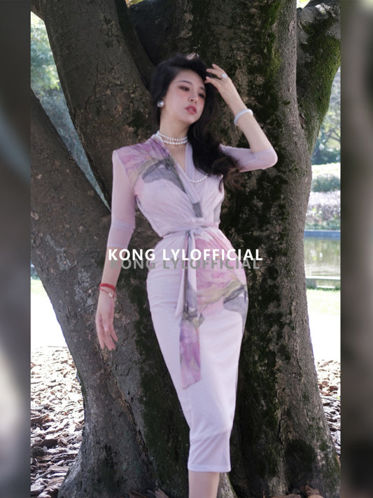 Keli Kong-lylofficial Lotus Pond Moonlight Feminine Slim Dress High Class Elegant Sexy Slimming