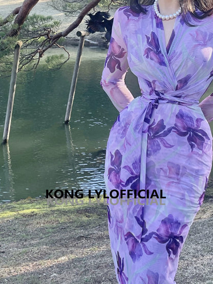 可立滃Kong-lylofficial蝴蝶花女人味裹身裙高级气质感显瘦