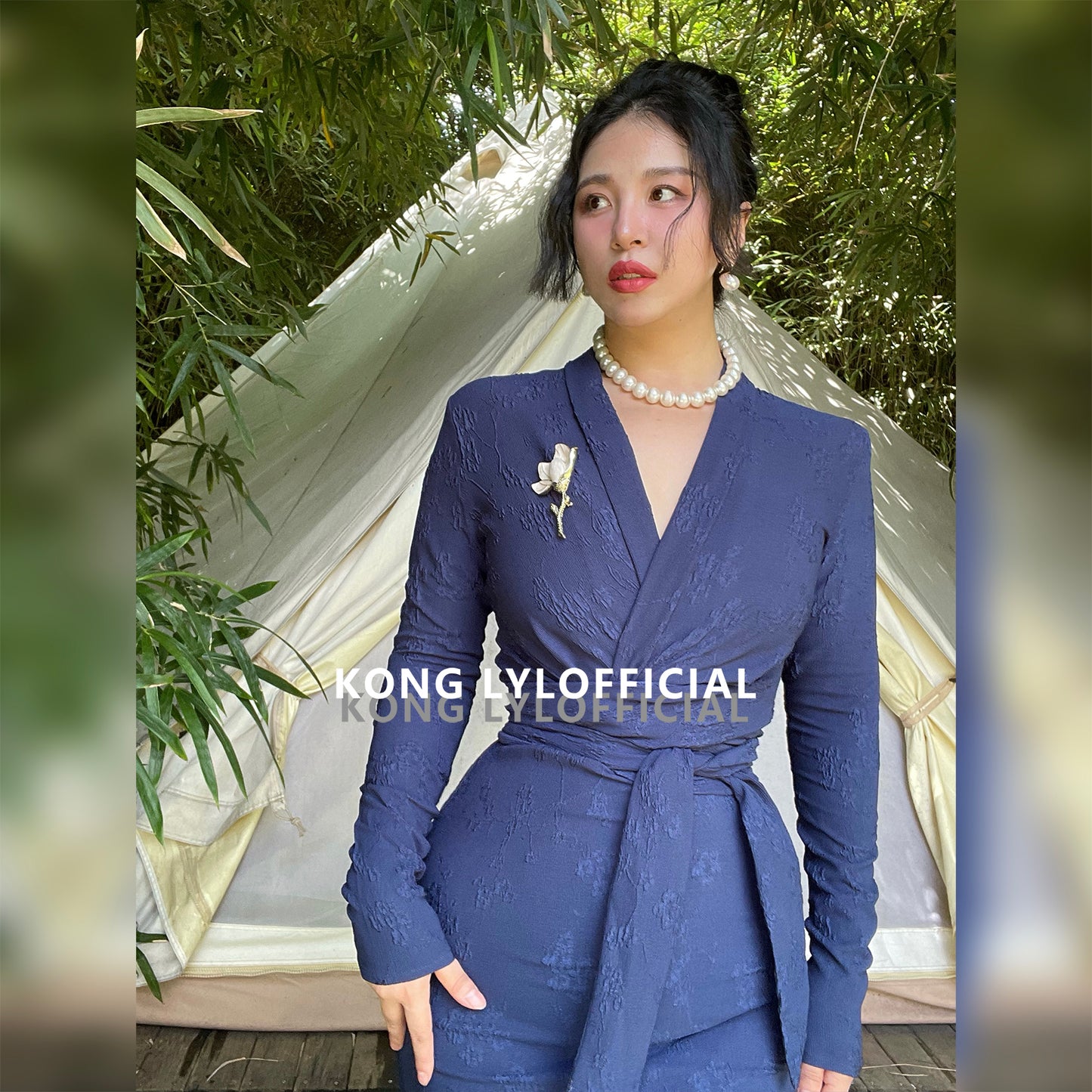 Keli Kong-lylofficial Designer Brand Blue Relief Embroider Slim Dress High-End Temperament Female