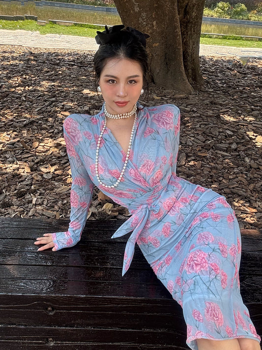 Can stand upright Kong-lylofficial Elegant and High-End Feminine Peony Mesh Wrap Dress
